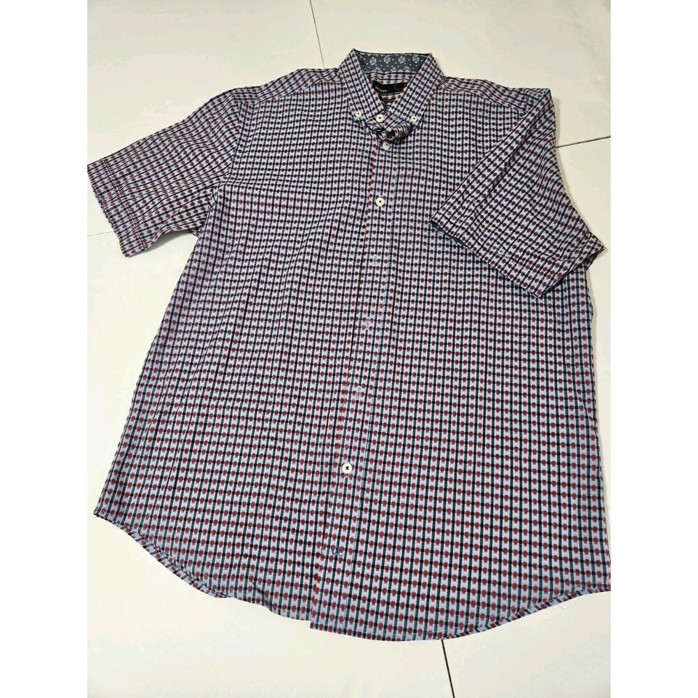 Quieti Mens Short Sleeve Button Up Fine Cotton Shirt Red/Blue Size Large